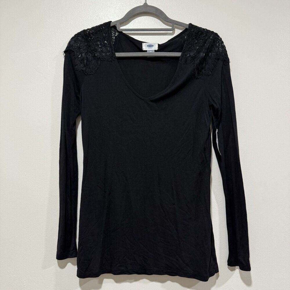 Old Navy NWT Black Long Sleeve Lace Shoulder Grunge Knit Shirt Top Women Sz XS